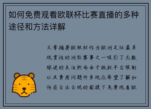 如何免费观看欧联杯比赛直播的多种途径和方法详解 如何免费观看欧联杯比赛直播的多种途径和方法详解